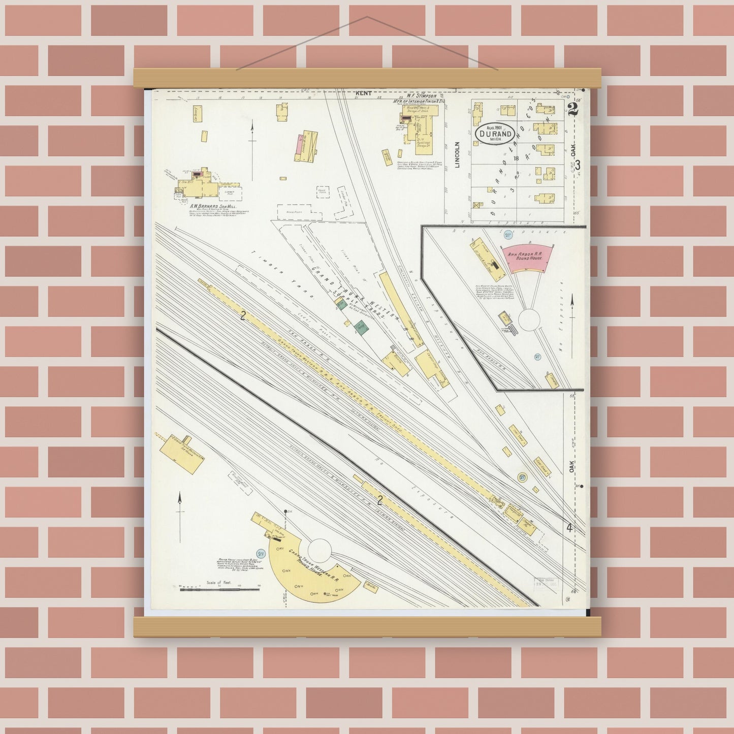 Old map wall art mockup — magnetic wood frame on brick wall — Sanborn Fire Insurance Map from Durand, Shiawassee County, Michigan (1901), Sheet #0002
