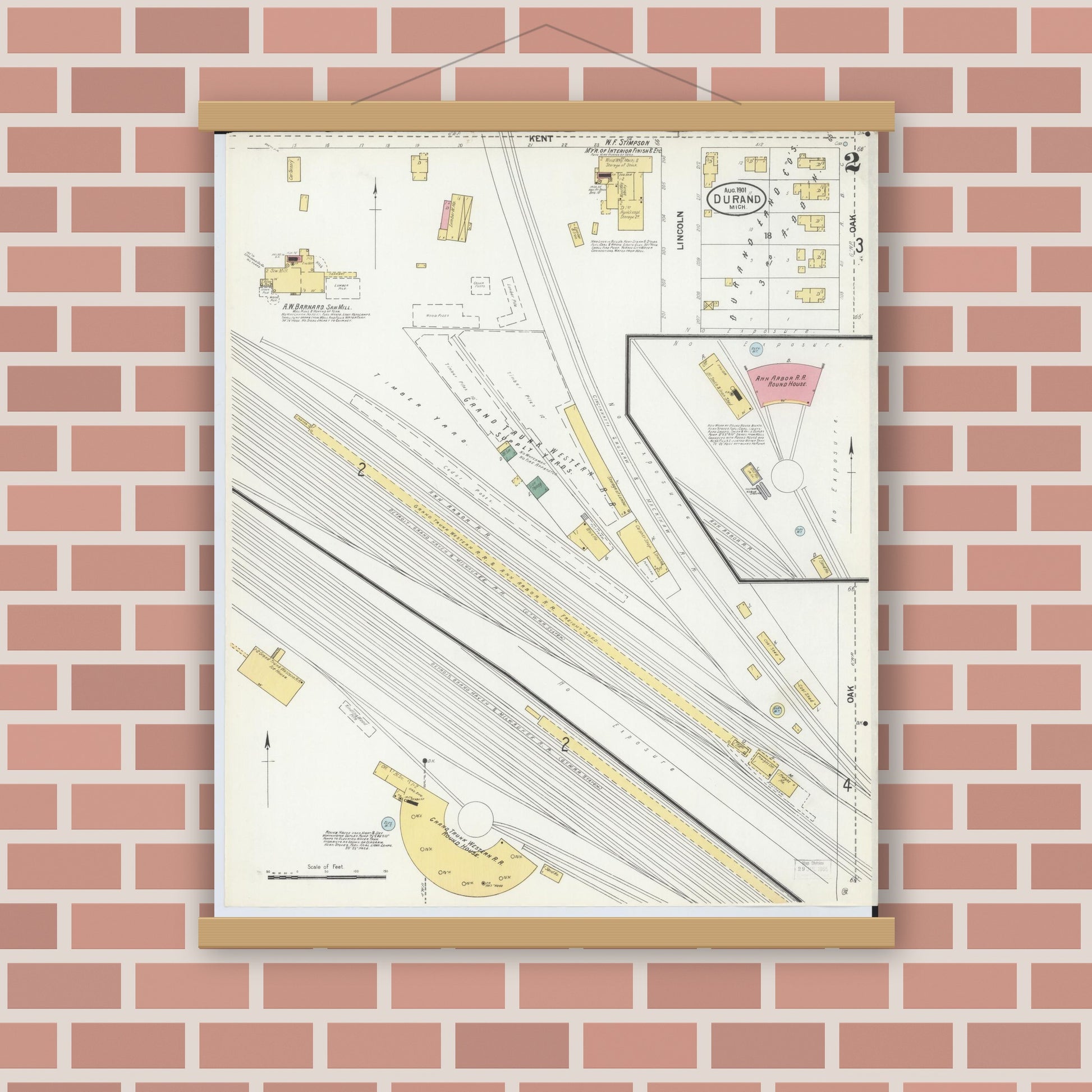 Old map wall art mockup — magnetic wood frame on brick wall — Sanborn Fire Insurance Map from Durand, Shiawassee County, Michigan (1901), Sheet #0002