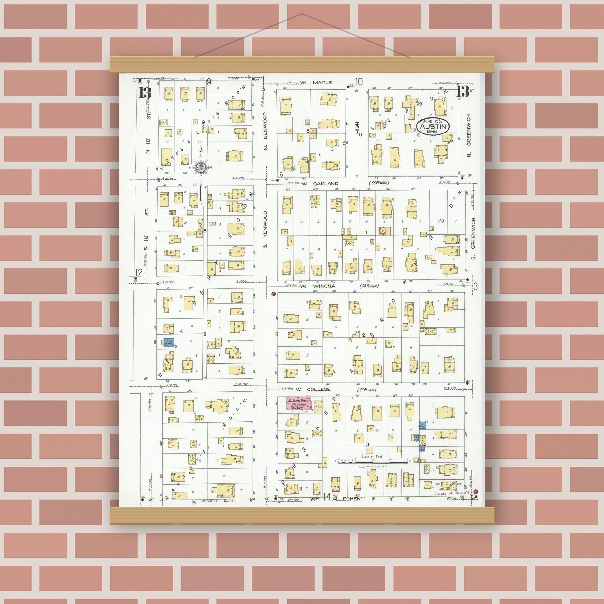 Old map wall art mockup — magnetic wood frame on brick wall — Sanborn Fire Insurance Map from Austin, Mower County, Minnesota (1926), Sheet #0013