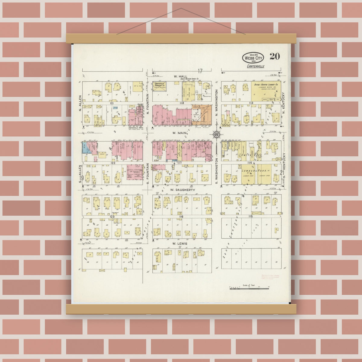Old map wall art mockup — magnetic wood frame on brick wall — Sanborn Fire Insurance Map from Webb City, Jasper County, Missouri (1915), Sheet #0020