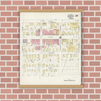 Old map wall art mockup — magnetic wood frame on brick wall — Sanborn Fire Insurance Map from Webb City, Jasper County, Missouri (1915), Sheet #0020