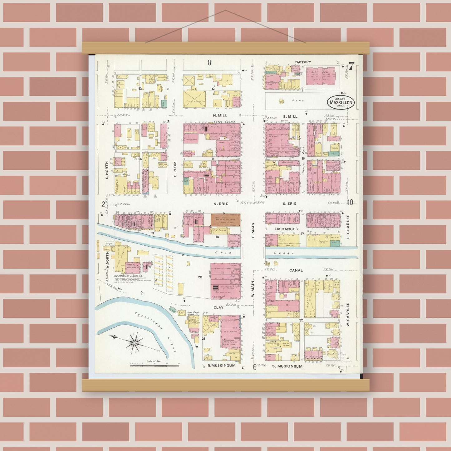 Old map wall art mockup — magnetic wood frame on brick wall — Sanborn Fire Insurance Map from Massillon, Stark County, Ohio (1908), Sheet #0007