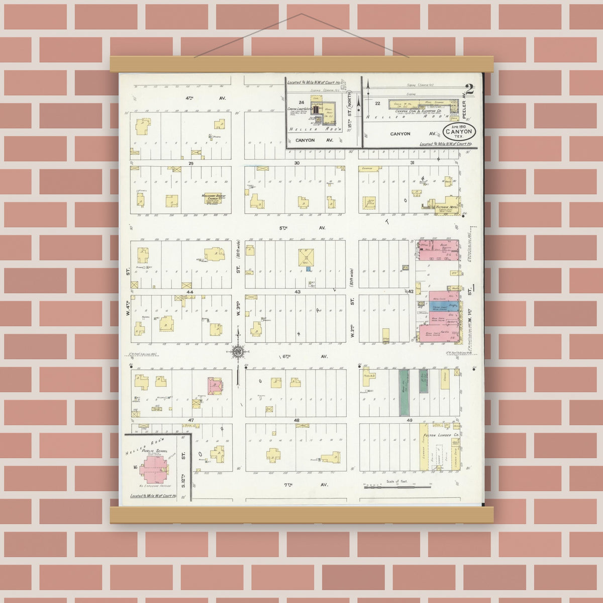 Old map wall art mockup — magnetic wood frame on brick wall — Sanborn Fire Insurance Map from Canyon, Randall County, Texas (1910), Sheet #0002