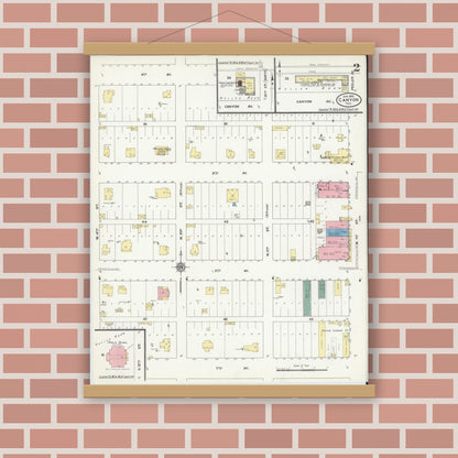 Old map wall art mockup — magnetic wood frame on brick wall — Sanborn Fire Insurance Map from Canyon, Randall County, Texas (1910), Sheet #0002