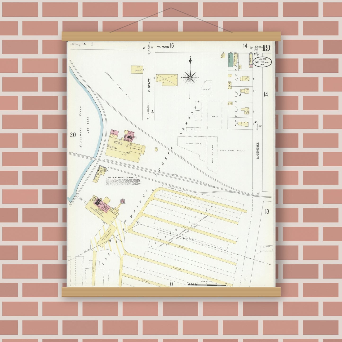Old map wall art mockup — magnetic wood frame on brick wall — Sanborn Fire Insurance Map from Merrill, Lincoln County, Wisconsin (1907), Sheet #0019