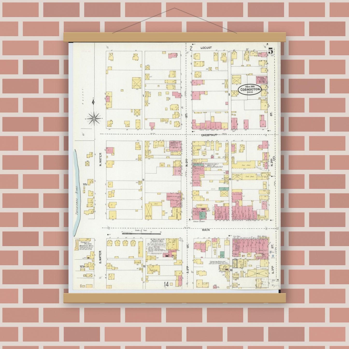 Old map wall art mockup — magnetic wood frame on brick wall — Sanborn Fire Insurance Map from Coshocton, Coshocton County, Ohio (1905), Sheet #0005