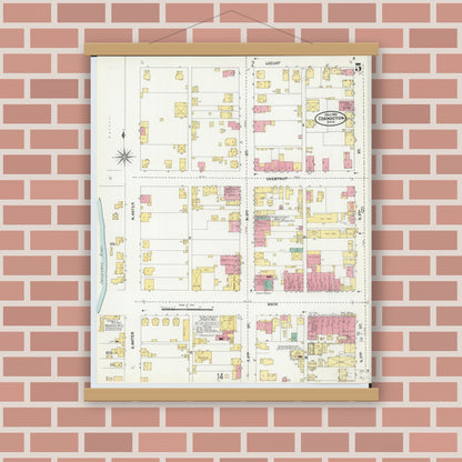 Old map wall art mockup — magnetic wood frame on brick wall — Sanborn Fire Insurance Map from Coshocton, Coshocton County, Ohio (1905), Sheet #0005