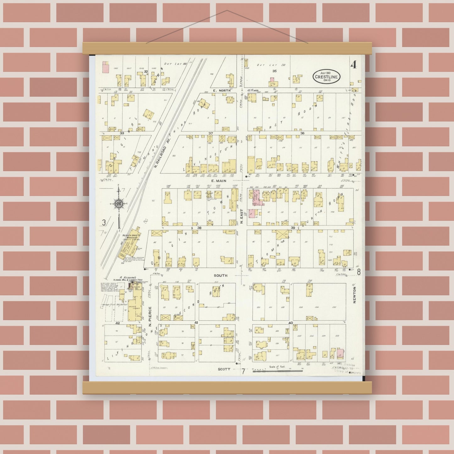Old map wall art mockup — magnetic wood frame on brick wall — Sanborn Fire Insurance Map from Crestline, Crawford County, Ohio (1910), Sheet #0004