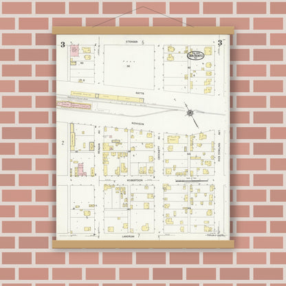 Old map wall art mockup — magnetic wood frame on brick wall — Sanborn Fire Insurance Map from San Benito, Cameron County, Texas (1925), Sheet #0003