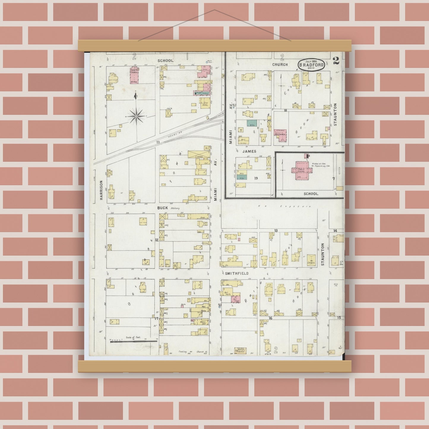 Old map wall art mockup — magnetic wood frame on brick wall — Sanborn Fire Insurance Map from Bradford, Darke and Miami Counties, Ohio (1895), Sheet #0002