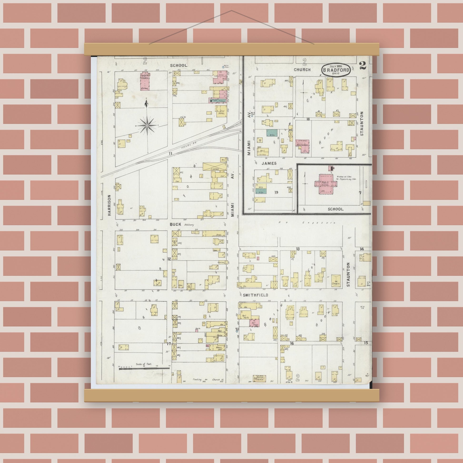 Old map wall art mockup — magnetic wood frame on brick wall — Sanborn Fire Insurance Map from Bradford, Darke and Miami Counties, Ohio (1895), Sheet #0002