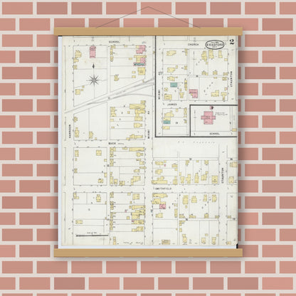 Old map wall art mockup — magnetic wood frame on brick wall — Sanborn Fire Insurance Map from Bradford, Darke and Miami Counties, Ohio (1895), Sheet #0002