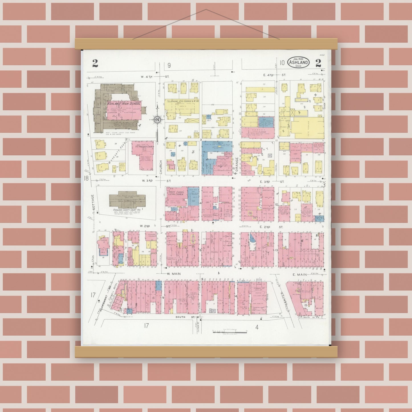 Old map wall art mockup — magnetic wood frame on brick wall — Sanborn Fire Insurance Map from Ashland, Ashland County, Ohio (1930), Sheet #0002