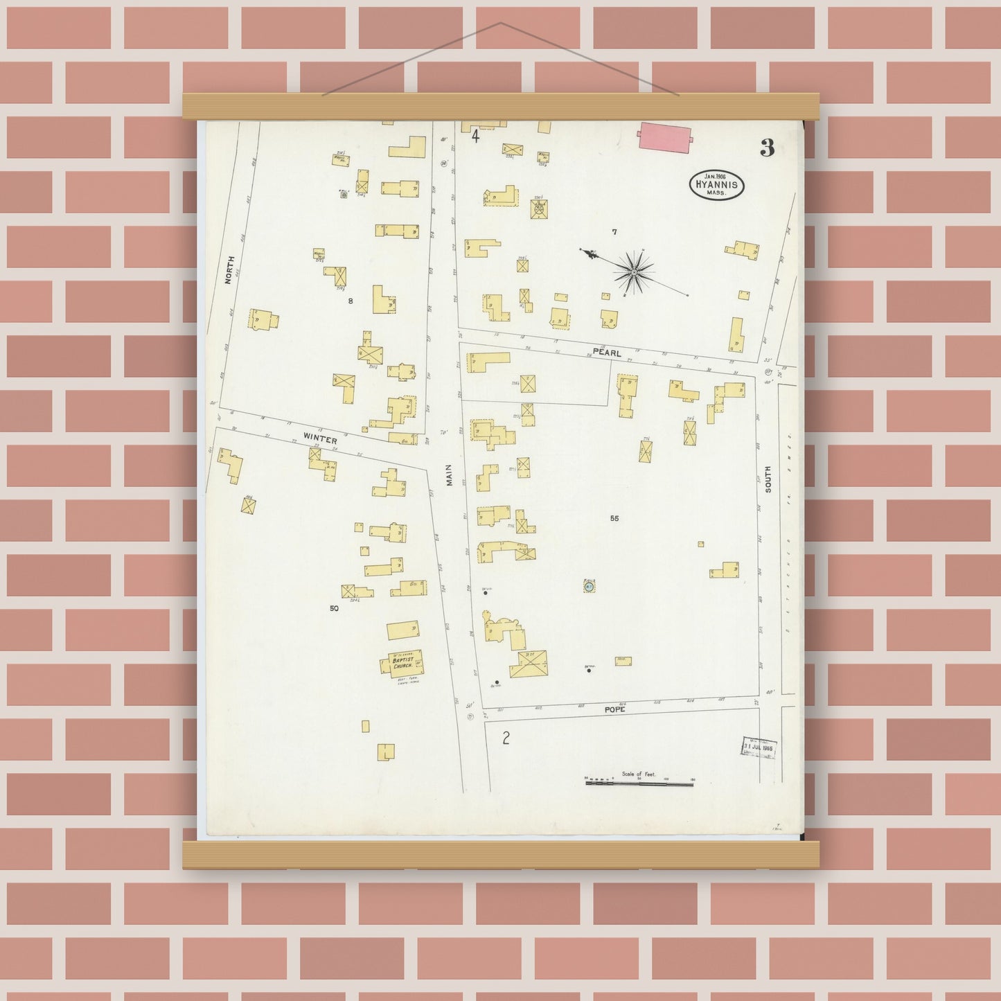 Old map wall art mockup — magnetic wood frame on brick wall — Sanborn Fire Insurance Map from Hyannis, Barnstable County, Massachusetts (1906), Sheet #0003