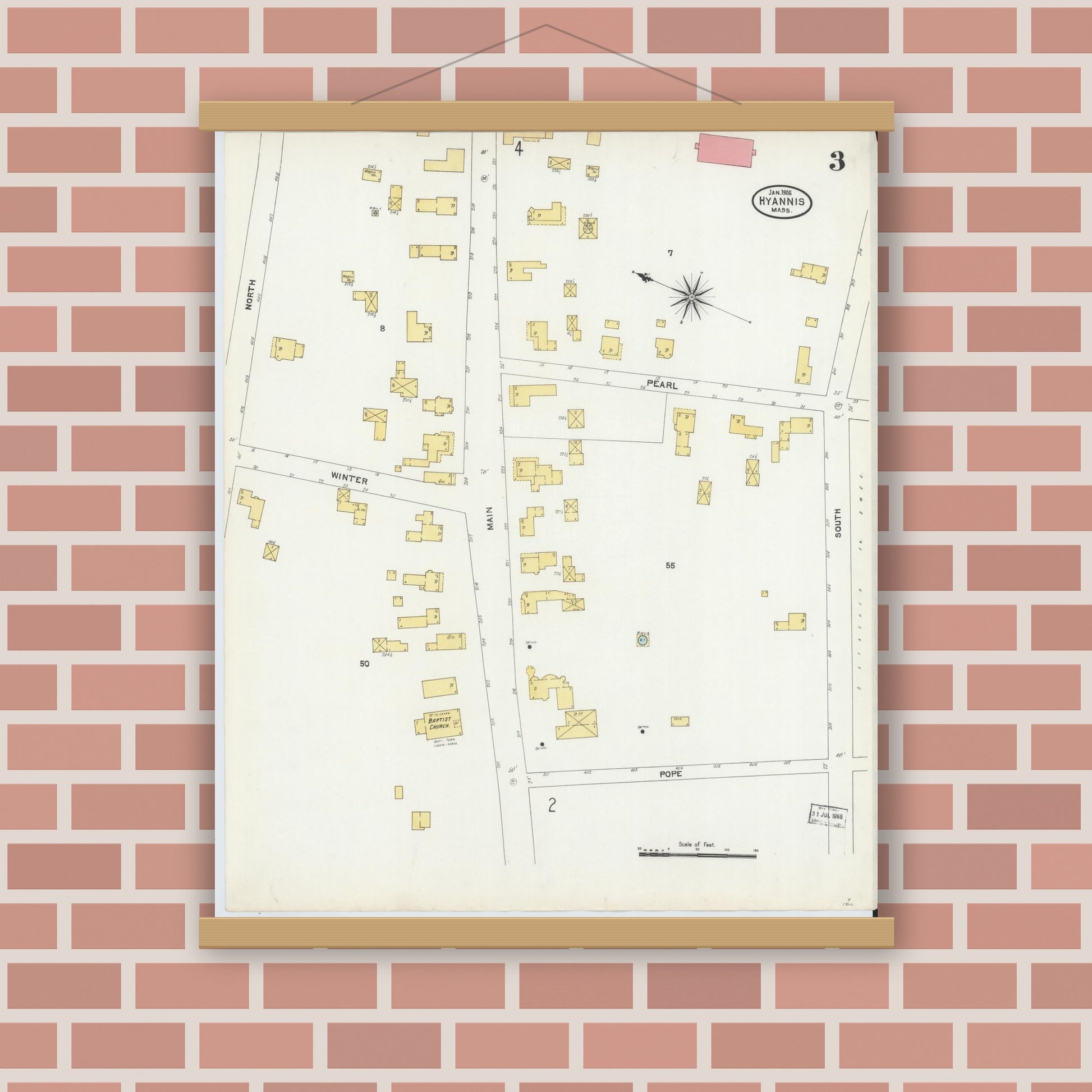 Old map wall art mockup — magnetic wood frame on brick wall — Sanborn Fire Insurance Map from Hyannis, Barnstable County, Massachusetts (1906), Sheet #0003