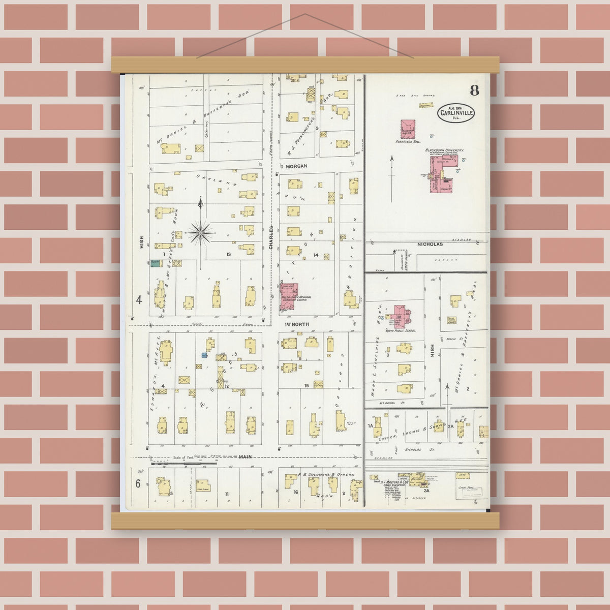 Old map wall art mockup — magnetic wood frame on brick wall — Sanborn Fire Insurance Map from Carlinville, Macoupin County, Illinois (1906), Sheet #0008