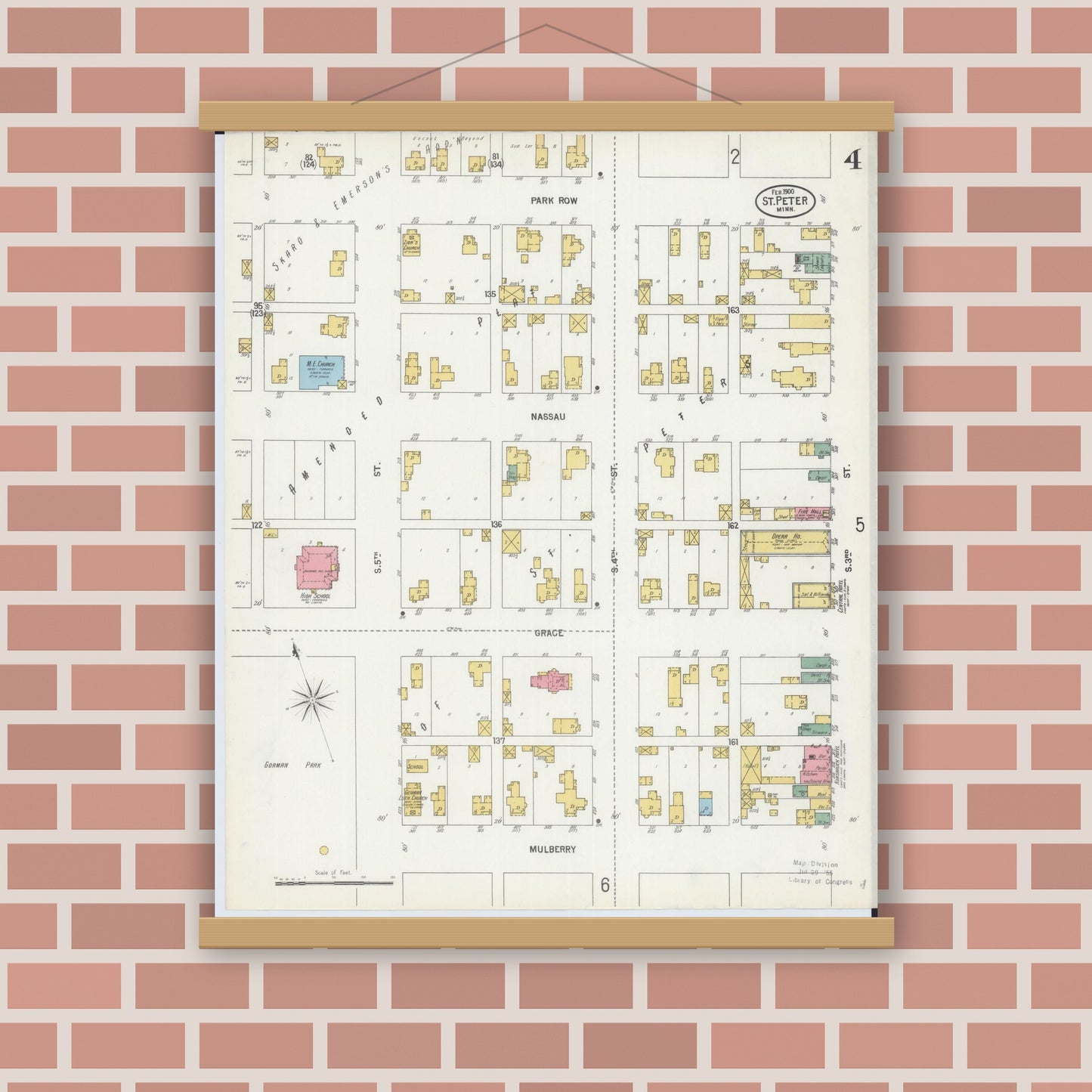 Old map wall art mockup — magnetic wood frame on brick wall — Sanborn Fire Insurance Map from Saint Peter, Nicollet County, Minnesota (1900), Sheet #0004