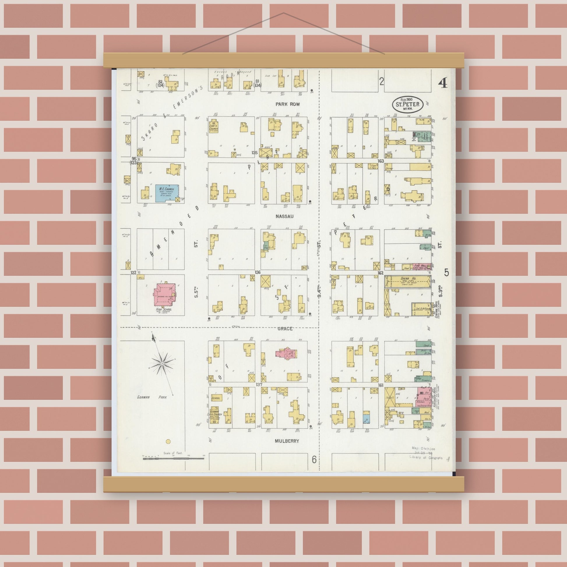 Old map wall art mockup — magnetic wood frame on brick wall — Sanborn Fire Insurance Map from Saint Peter, Nicollet County, Minnesota (1900), Sheet #0004