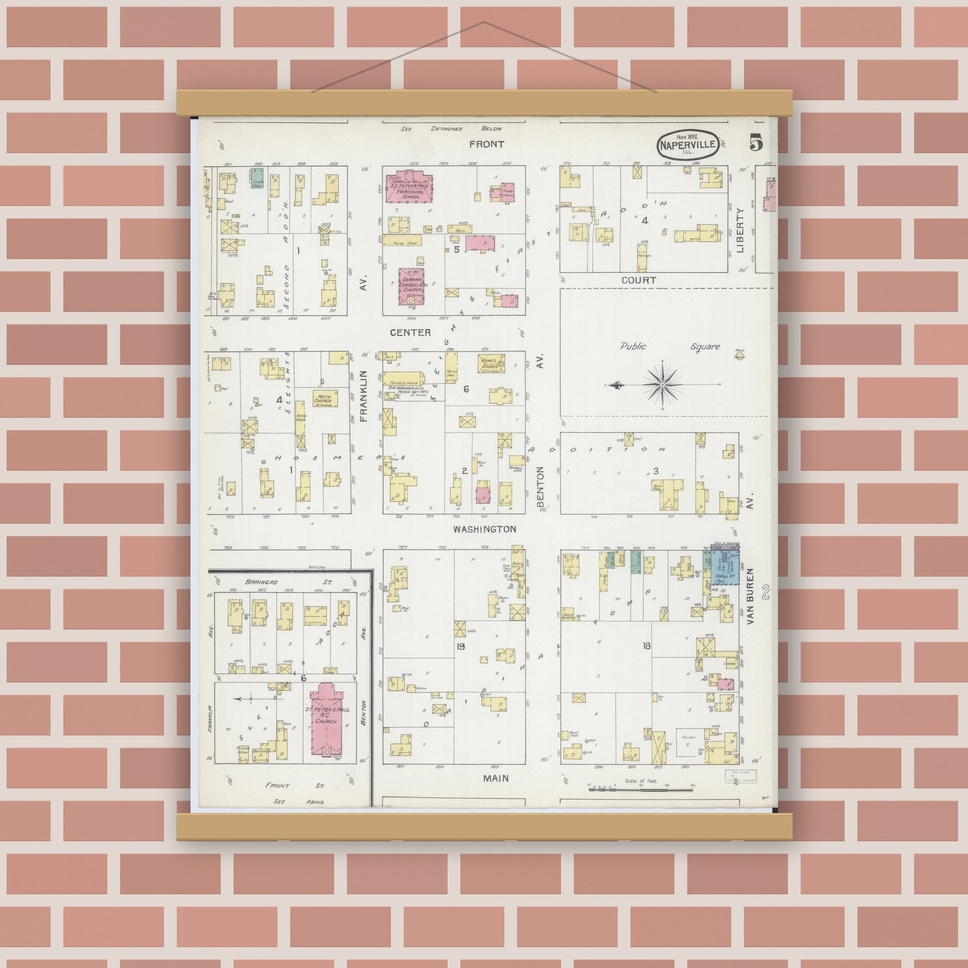 Old map wall art mockup — magnetic wood frame on brick wall — Sanborn Fire Insurance Map from Naperville, Du Page County, Illinois (1892), Sheet #0005
