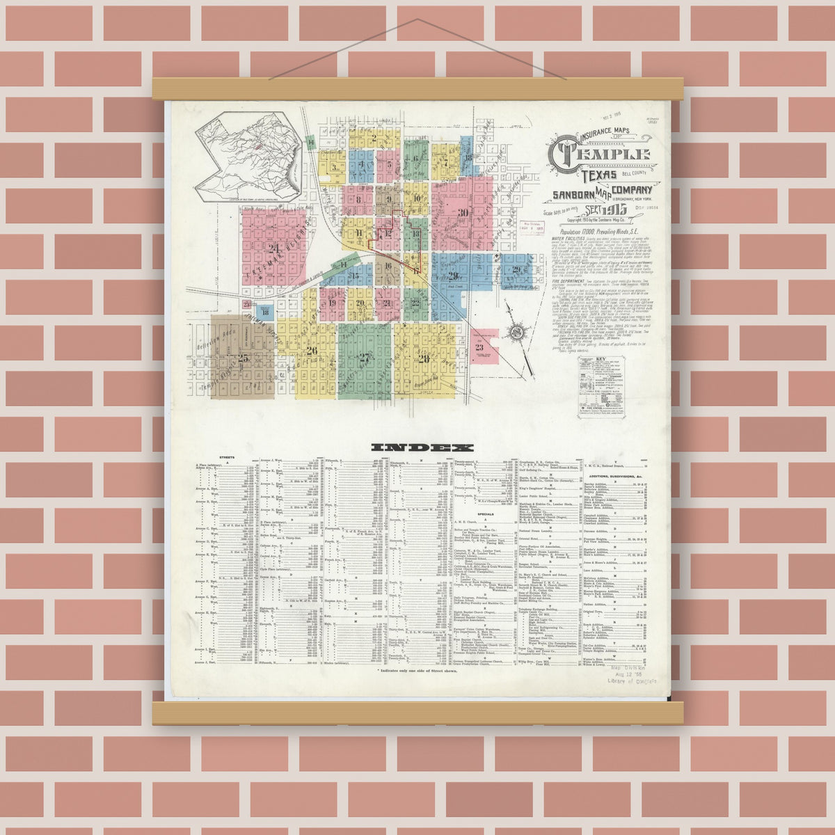Old map wall art mockup — magnetic wood frame on brick wall — Sanborn Fire Insurance Map from Temple, Bell County, Texas (1915), Sheet #0001