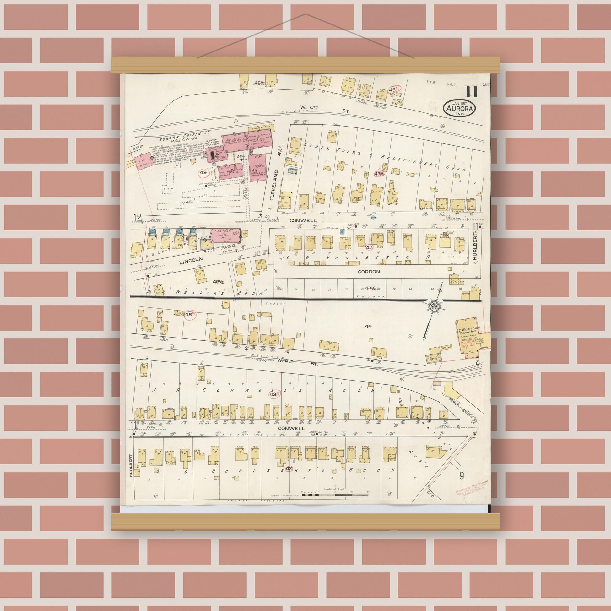 Old map wall art mockup — magnetic wood frame on brick wall — Sanborn Fire Insurance Map from Aurora, Dearborn County, Indiana (1935), Sheet #0011