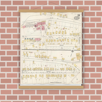 Old map wall art mockup — magnetic wood frame on brick wall — Sanborn Fire Insurance Map from Aurora, Dearborn County, Indiana (1935), Sheet #0011