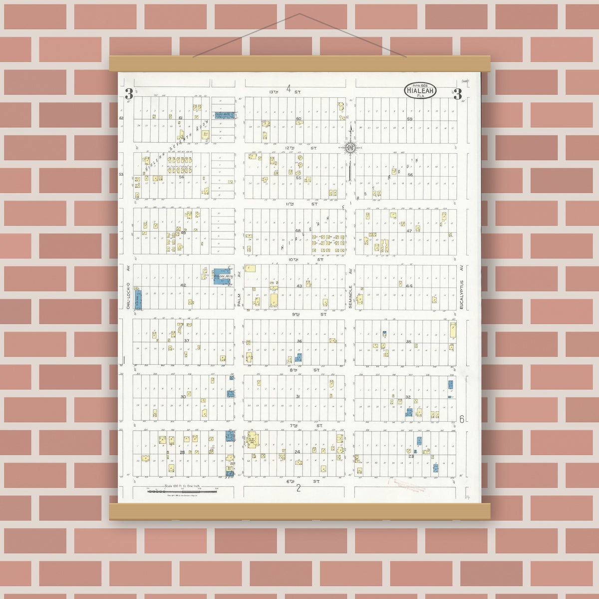 Old map wall art mockup — magnetic wood frame on brick wall — Sanborn Fire Insurance Map from Hialeah, Dade County, Florida (1926), Sheet #0003