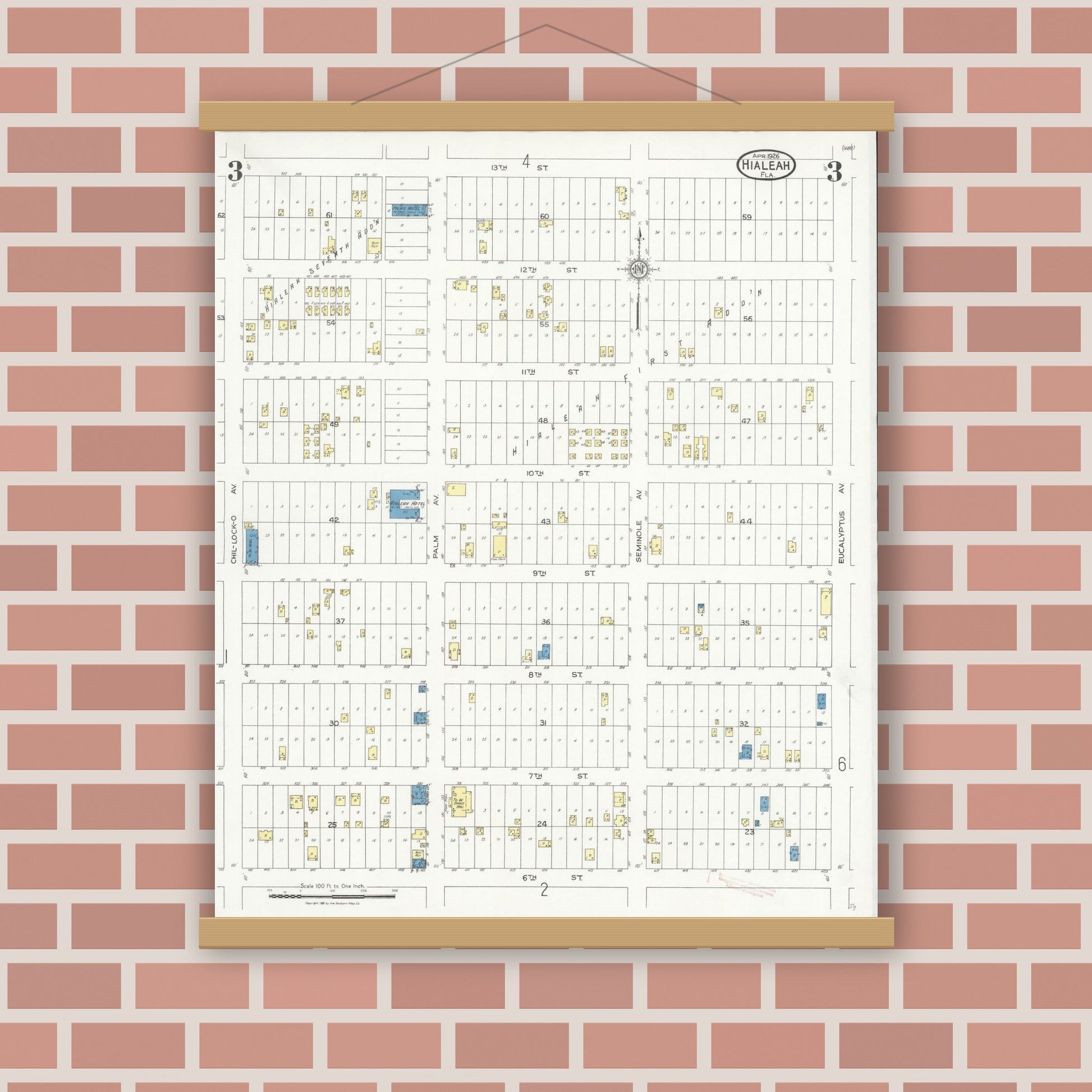Old map wall art mockup — magnetic wood frame on brick wall — Sanborn Fire Insurance Map from Hialeah, Dade County, Florida (1926), Sheet #0003