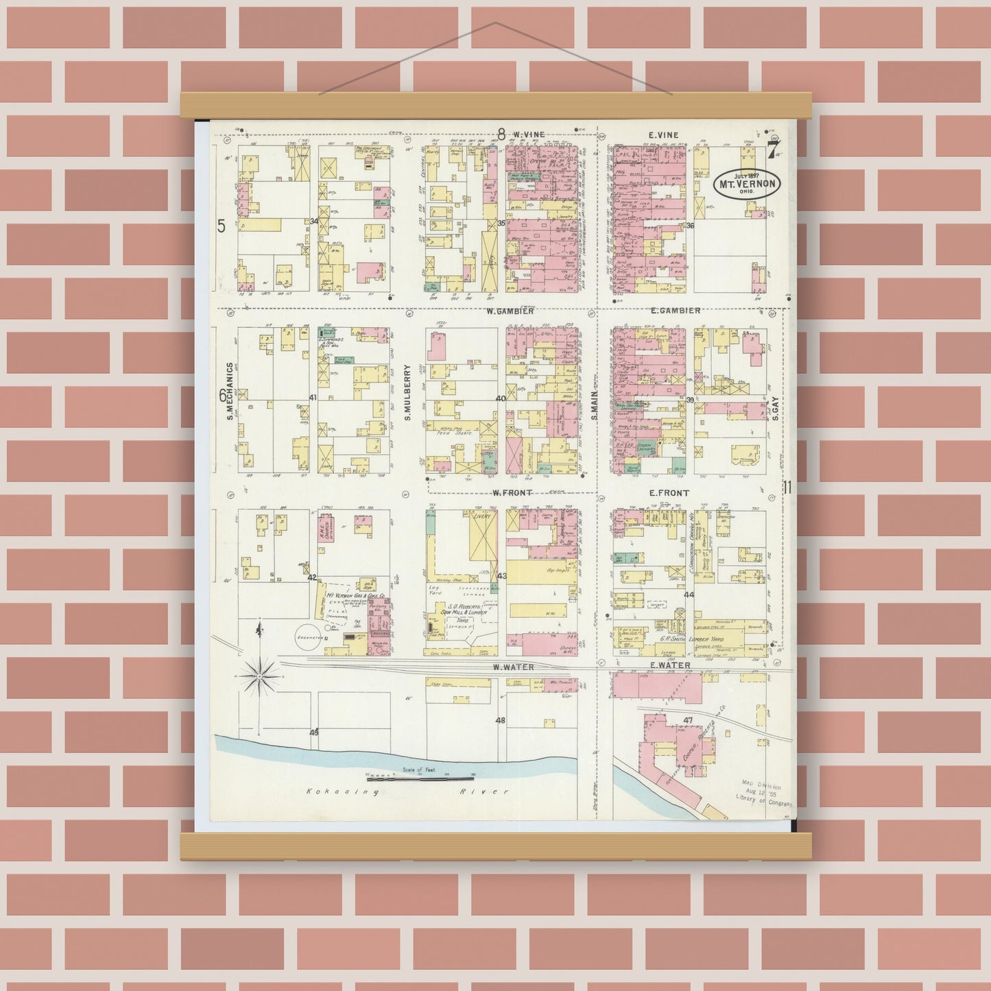 Old map wall art mockup — magnetic wood frame on brick wall — Sanborn Fire Insurance Map from Mount Vernon, Knox County, Ohio (1897), Sheet #0007