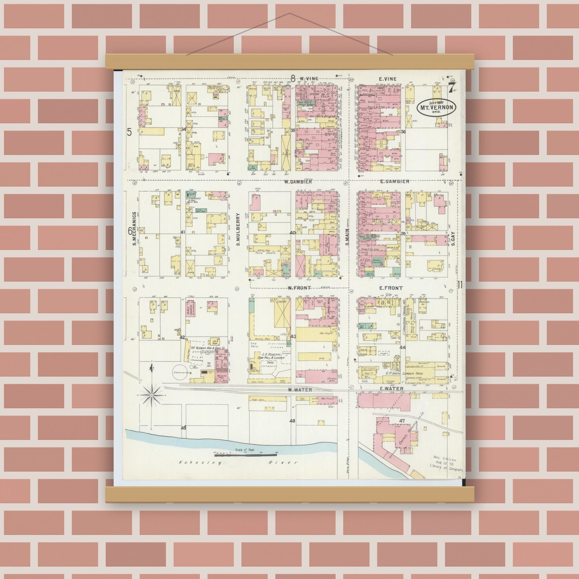 Old map wall art mockup — magnetic wood frame on brick wall — Sanborn Fire Insurance Map from Mount Vernon, Knox County, Ohio (1897), Sheet #0007