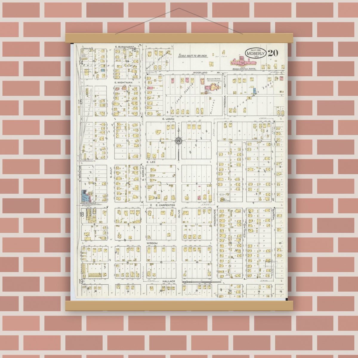 Old map wall art mockup — magnetic wood frame on brick wall — Sanborn Fire Insurance Map from Moberly, Randolph County, Missouri (1916), Sheet #0020