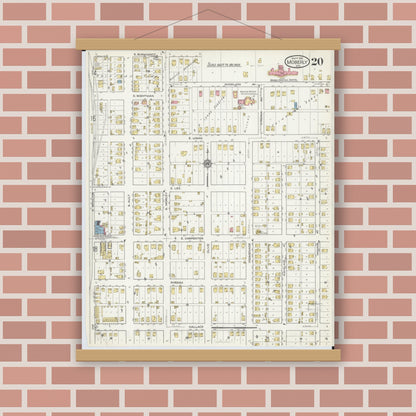 Old map wall art mockup — magnetic wood frame on brick wall — Sanborn Fire Insurance Map from Moberly, Randolph County, Missouri (1916), Sheet #0020