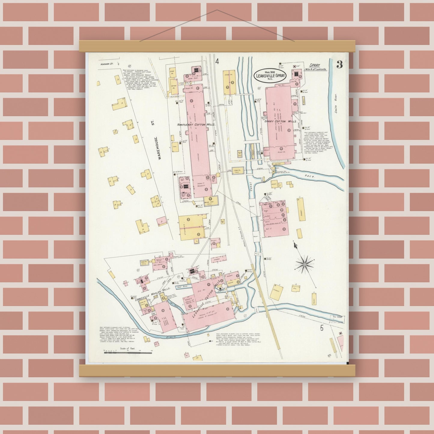 Old map wall art mockup — magnetic wood frame on brick wall — Sanborn Fire Insurance Map from Leaksville-spray, Rockingham County, North Carolina (1908), Sheet #0003