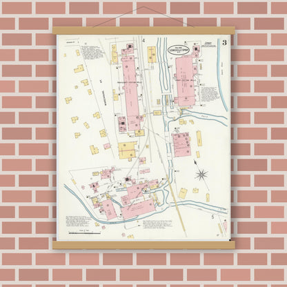 Old map wall art mockup — magnetic wood frame on brick wall — Sanborn Fire Insurance Map from Leaksville-spray, Rockingham County, North Carolina (1908), Sheet #0003