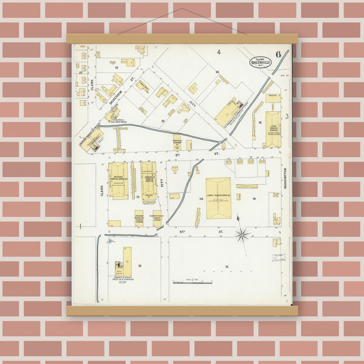 Old map wall art mockup — magnetic wood frame on brick wall — Sanborn Fire Insurance Map from Greenville, Pitt County, North Carolina (1900), Sheet #0006