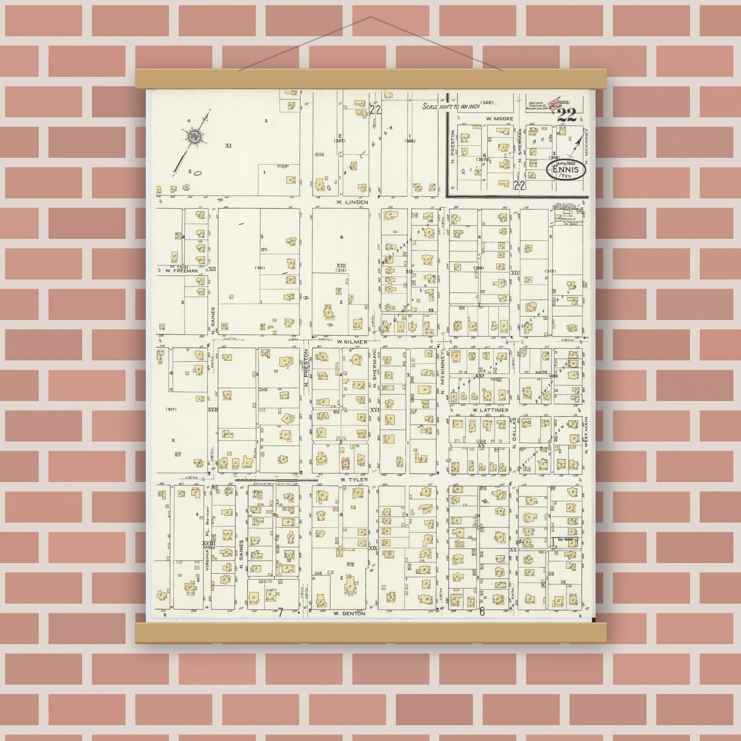 Old map wall art mockup — magnetic wood frame on brick wall — Sanborn Fire Insurance Map from Ennis, Ellis County, Texas (1920), Sheet #0022