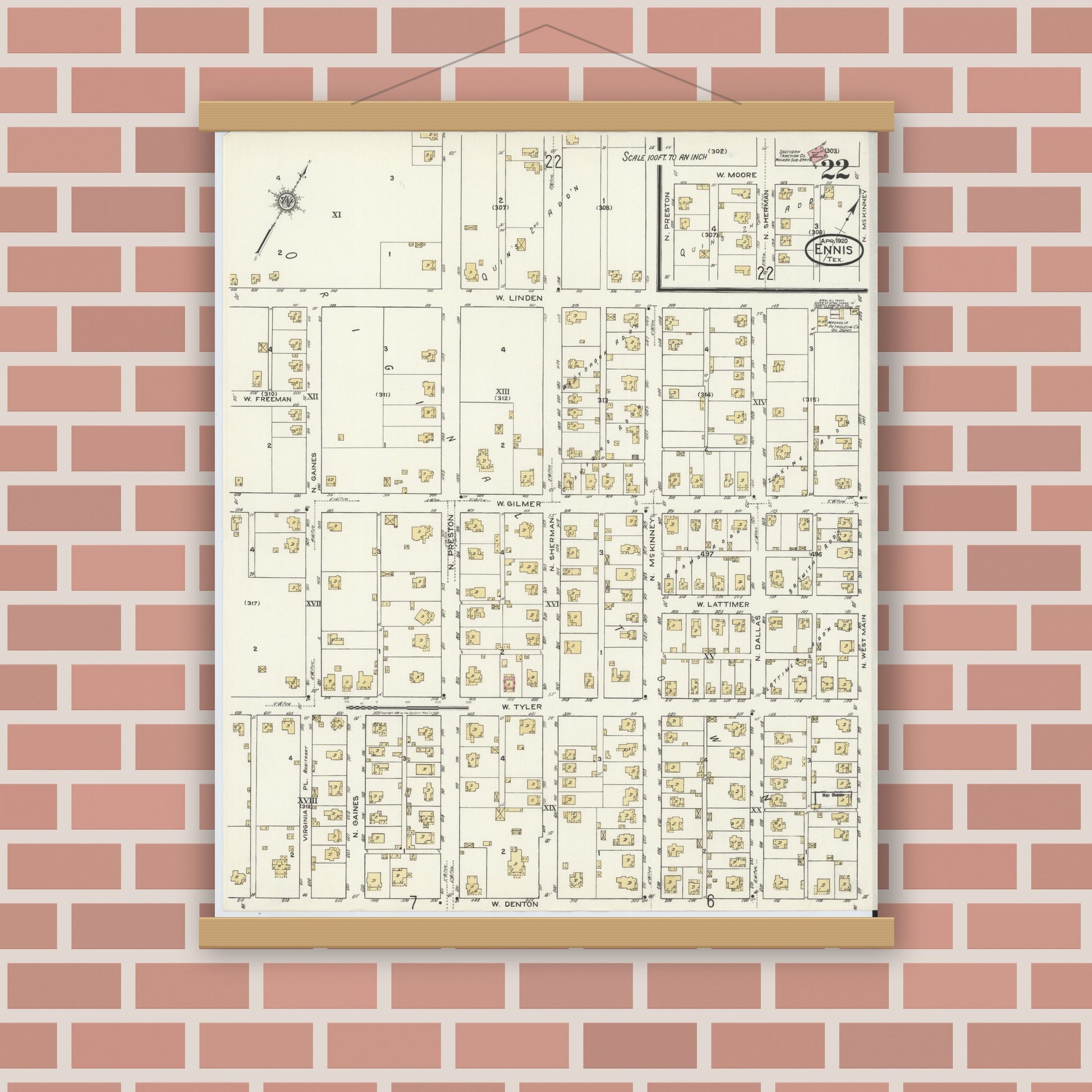 Old map wall art mockup — magnetic wood frame on brick wall — Sanborn Fire Insurance Map from Ennis, Ellis County, Texas (1920), Sheet #0022
