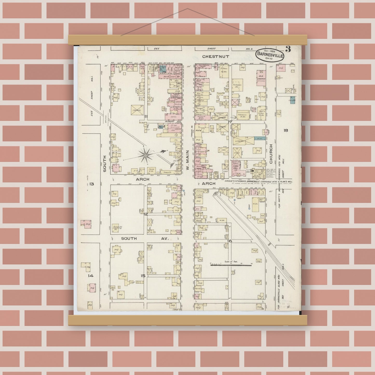 Old map wall art mockup — magnetic wood frame on brick wall — Sanborn Fire Insurance Map from Barnesville, Belmont County, Ohio (1885), Sheet #0003