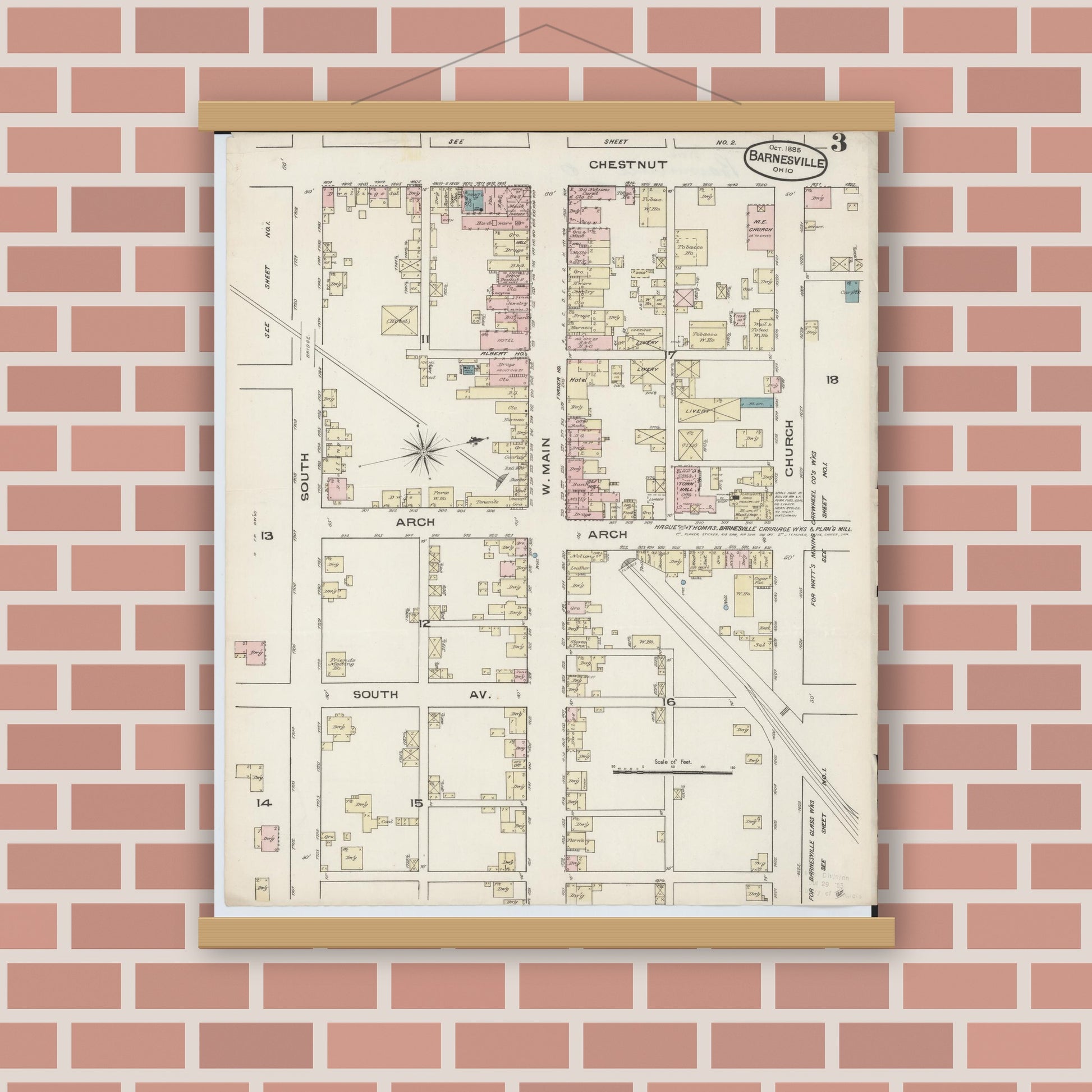 Old map wall art mockup — magnetic wood frame on brick wall — Sanborn Fire Insurance Map from Barnesville, Belmont County, Ohio (1885), Sheet #0003