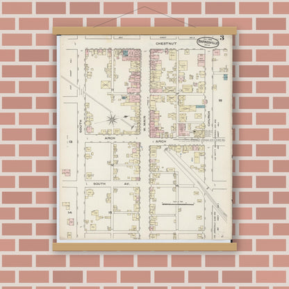 Old map wall art mockup — magnetic wood frame on brick wall — Sanborn Fire Insurance Map from Barnesville, Belmont County, Ohio (1885), Sheet #0003