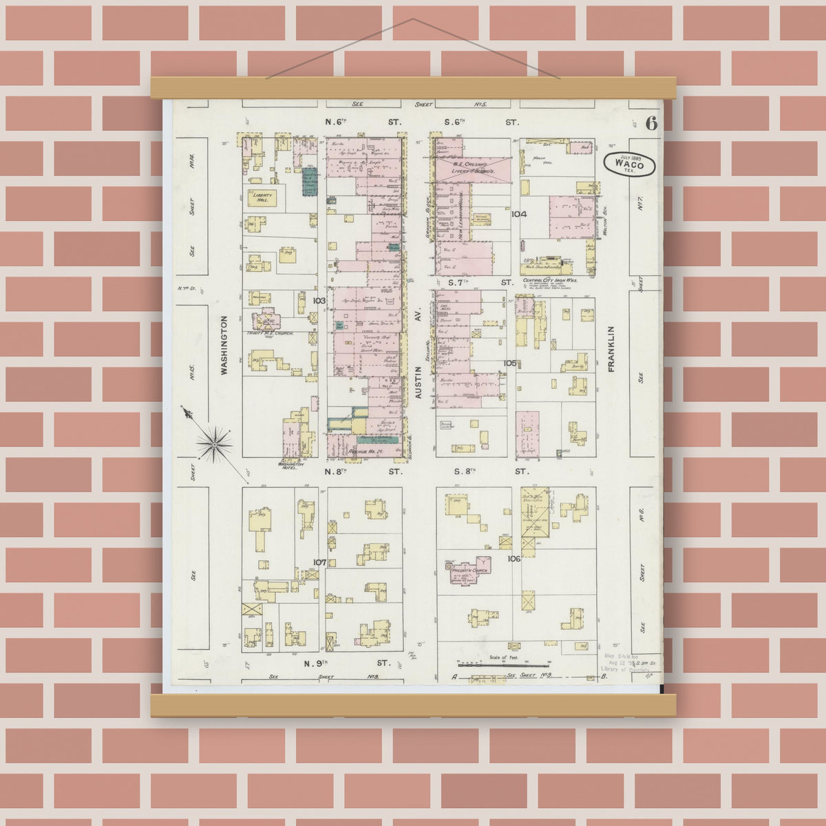 Old map wall art mockup — magnetic wood frame on brick wall — Sanborn Fire Insurance Map from Waco, McLennan County, Texas (1889), Sheet #0006