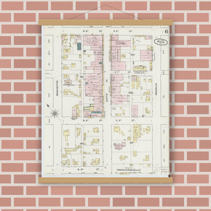 Old map wall art mockup — magnetic wood frame on brick wall — Sanborn Fire Insurance Map from Waco, McLennan County, Texas (1889), Sheet #0006