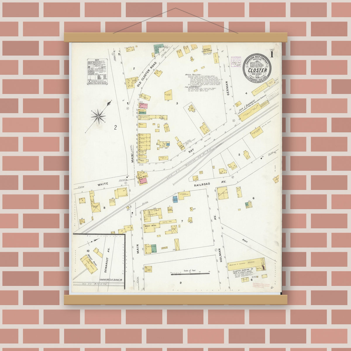 Old map wall art mockup — magnetic wood frame on brick wall — Sanborn Fire Insurance Map from Closter, Bergen County, New Jersey (1908) - Complete Map Set