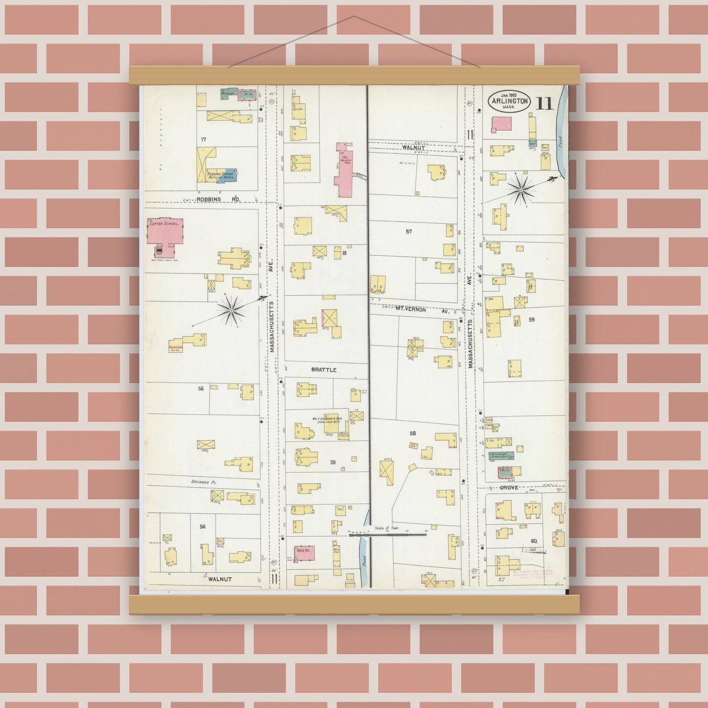 Old map wall art mockup — magnetic wood frame on brick wall — Sanborn Fire Insurance Map from Arlington, Middlesex County, Massachusetts (1903), Sheet #0011