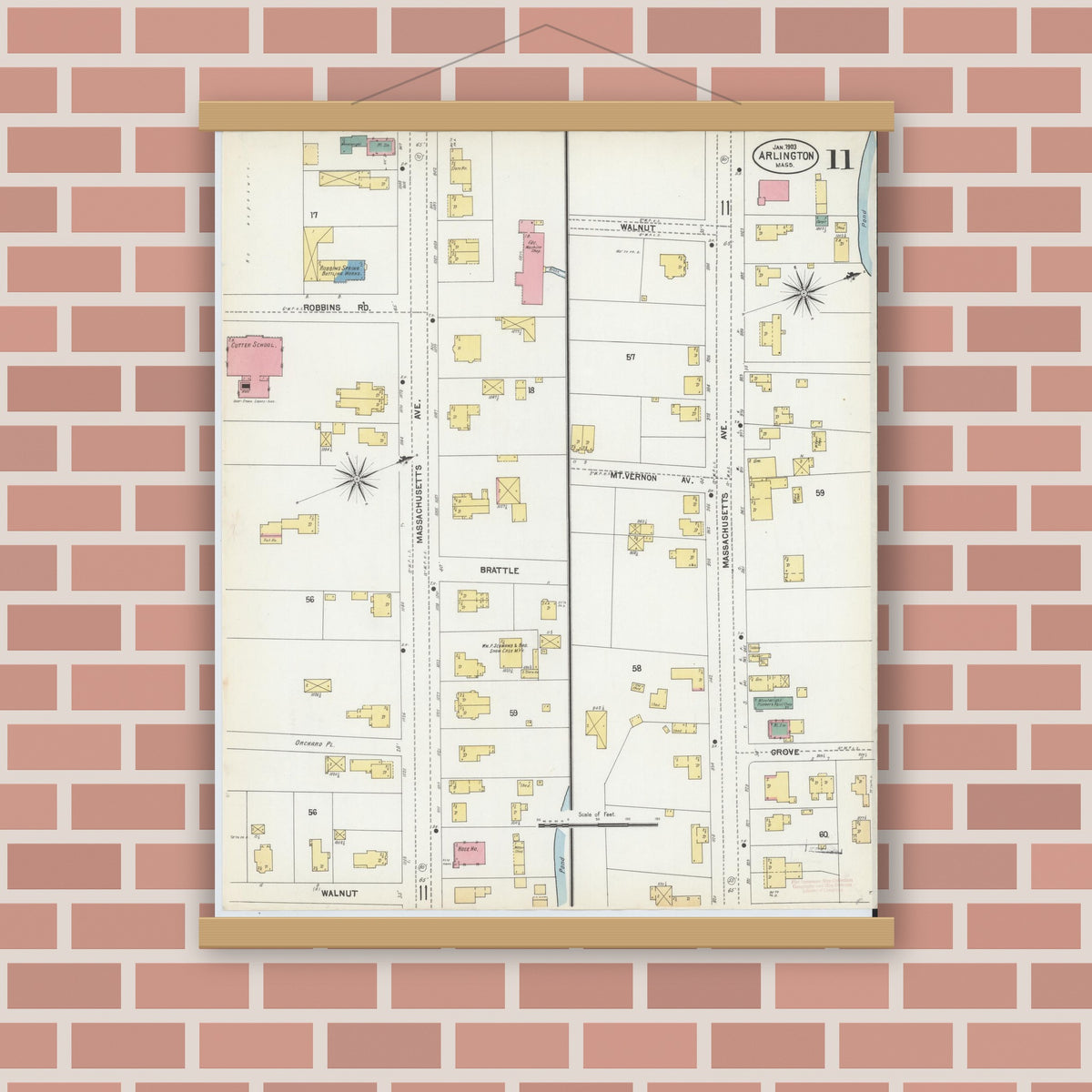Old map wall art mockup — magnetic wood frame on brick wall — Sanborn Fire Insurance Map from Arlington, Middlesex County, Massachusetts (1903), Sheet #0011