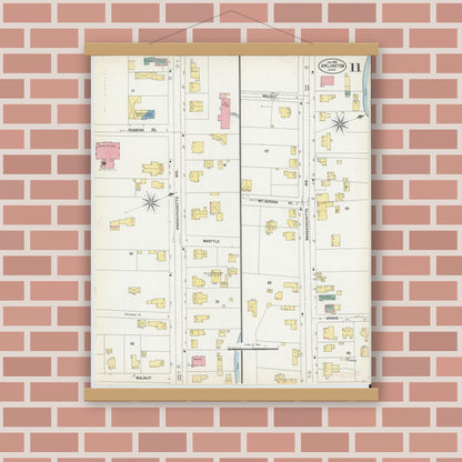 Old map wall art mockup — magnetic wood frame on brick wall — Sanborn Fire Insurance Map from Arlington, Middlesex County, Massachusetts (1903), Sheet #0011