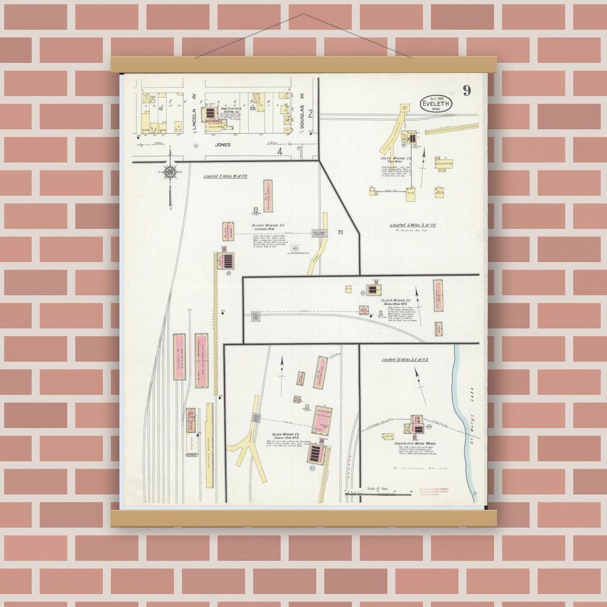Old map wall art mockup — magnetic wood frame on brick wall — Sanborn Fire Insurance Map from Eveleth, Saint Louis County, Minnesota (1912), Sheet #0009