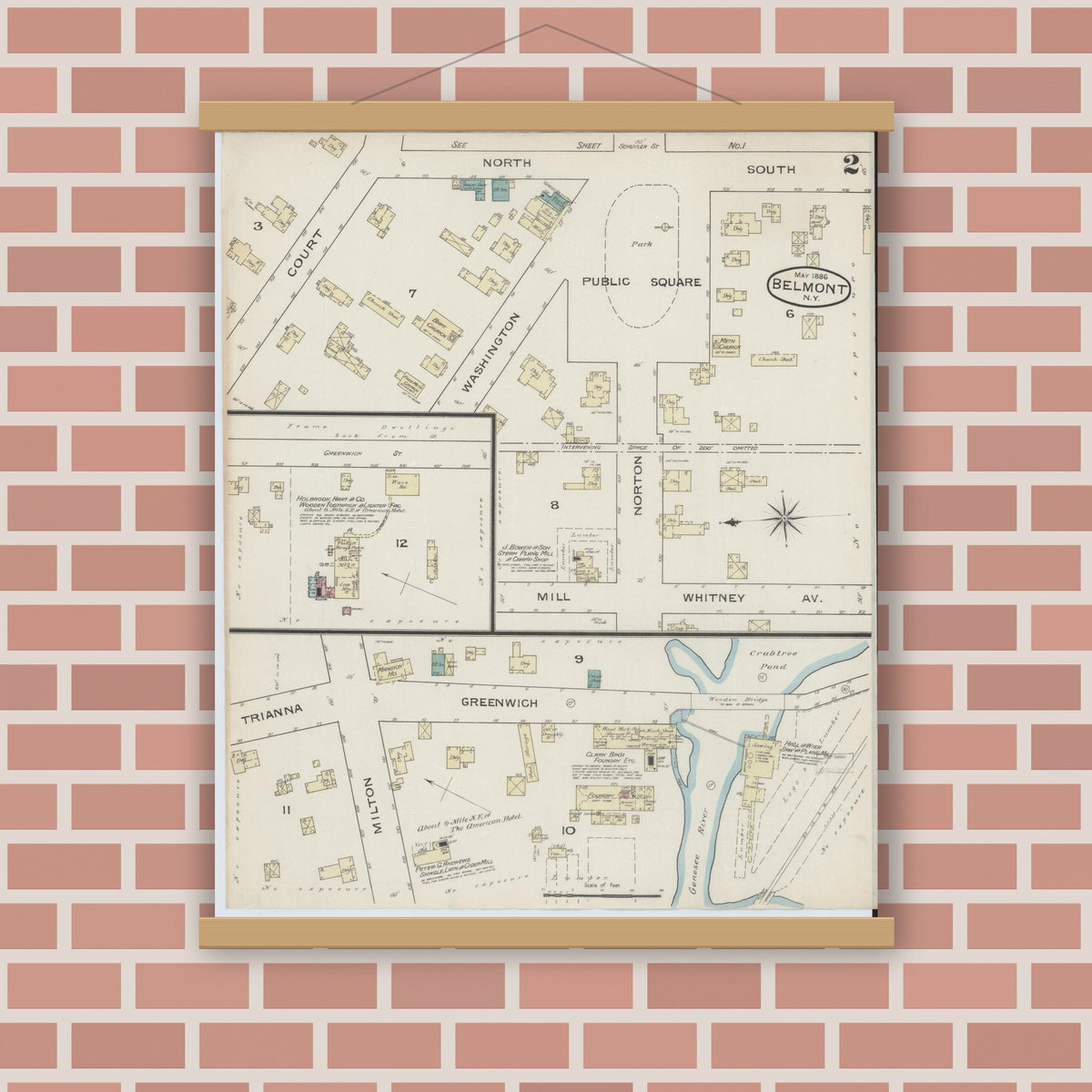 Old map wall art mockup — magnetic wood frame on brick wall — Sanborn Fire Insurance Map from Belmont, Allegany County, New York (1886), Sheet #0002
