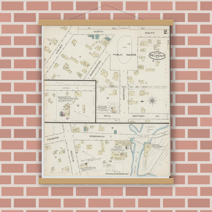 Old map wall art mockup — magnetic wood frame on brick wall — Sanborn Fire Insurance Map from Belmont, Allegany County, New York (1886), Sheet #0002
