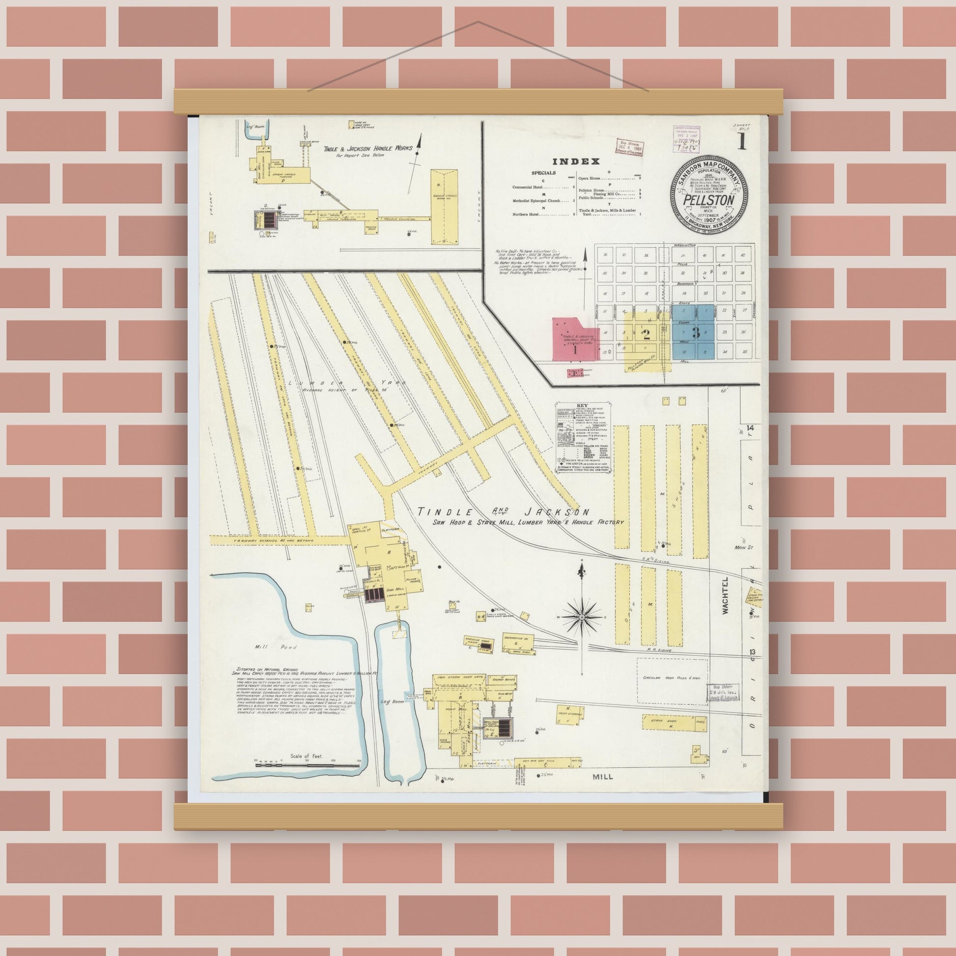 Old map wall art mockup — magnetic wood frame on brick wall — Sanborn Fire Insurance Map from Pellston, Emmet County, Michigan (1907) - Complete Map Set